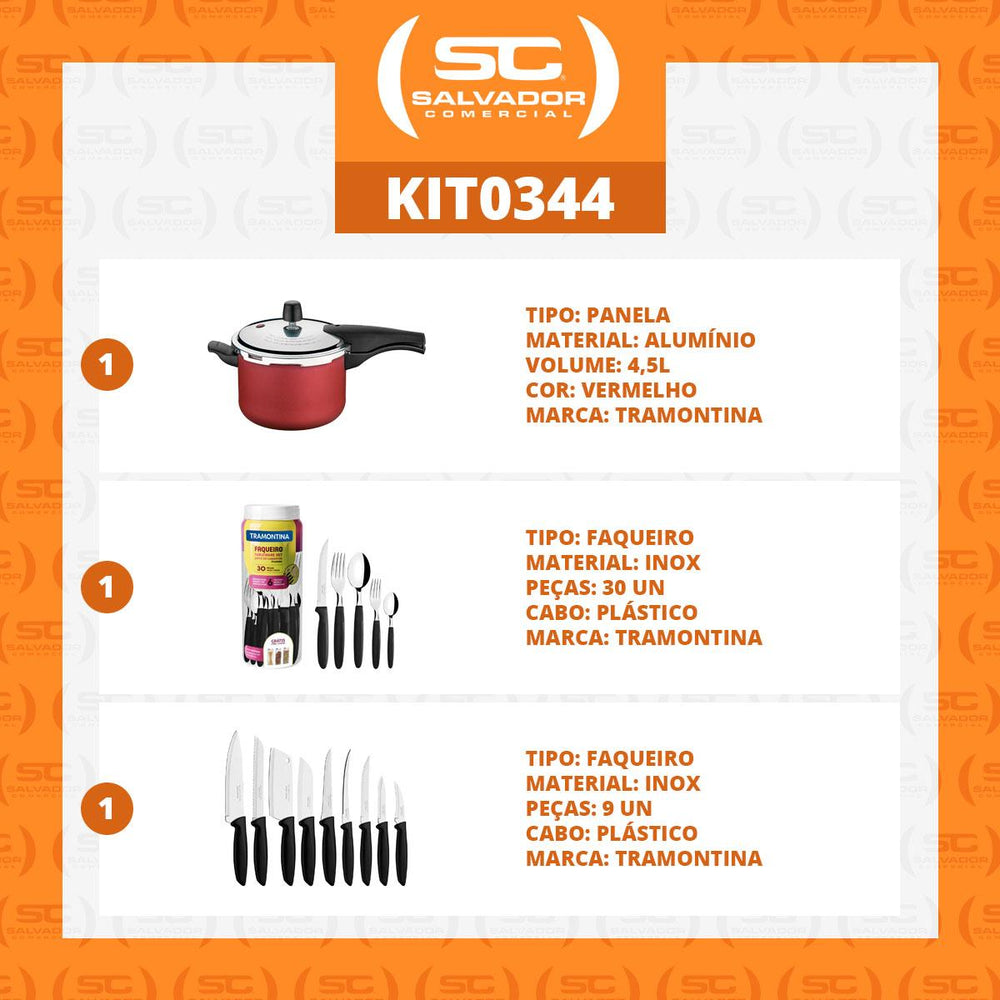Kit Panela de Pressão 4,5 Vermelha + 1 Faqueiro 30pç + 1 Conjunto Facas 9pç - Tramontina