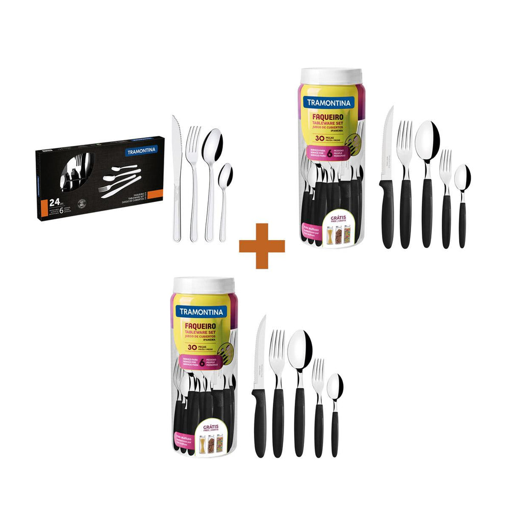 Kit 2 Faqueiros Inox 30 Peças Ipanema Preto + 1 Faqueiro Inox 24pç - Tramontina