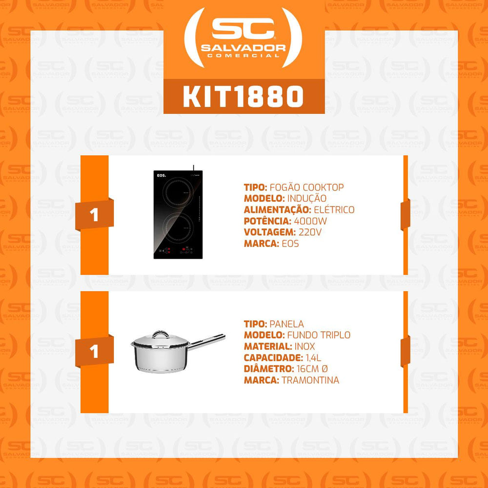Kit Fogão Cooktop De Indução 2 Bocas ECI02EP 220V EOS + Panela Inox Solar Ø 16cm PIT7