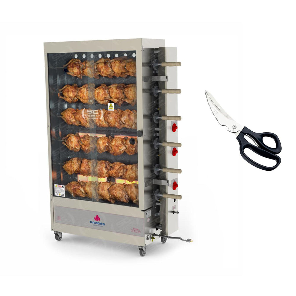 Assador de Frango Rotativo Profissional a Gás 6 Espetos Infravermelho PR-631 220V Progás + Tesoura Multifuncional Tramontina
