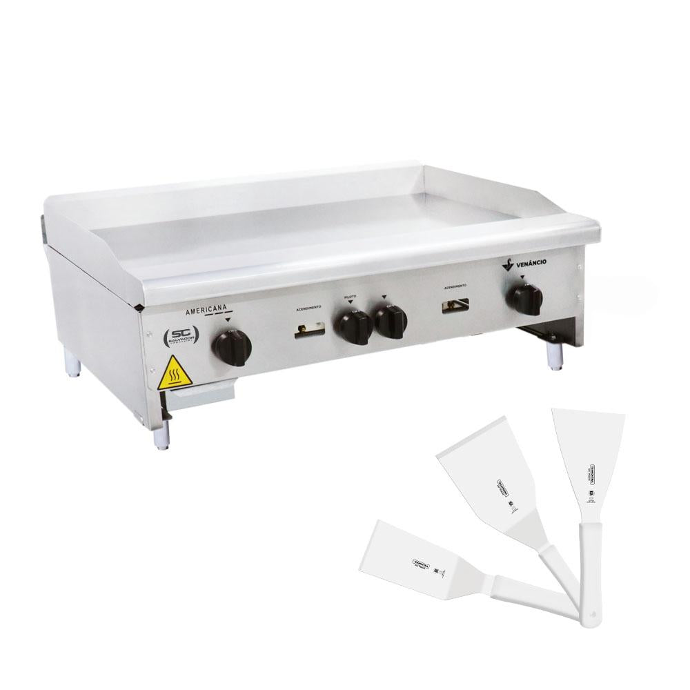 Chapa Americana Profissional 90cm a Gás 8mm Lisa Inox CG90 e Conjunto de Espátulas - Venâncio