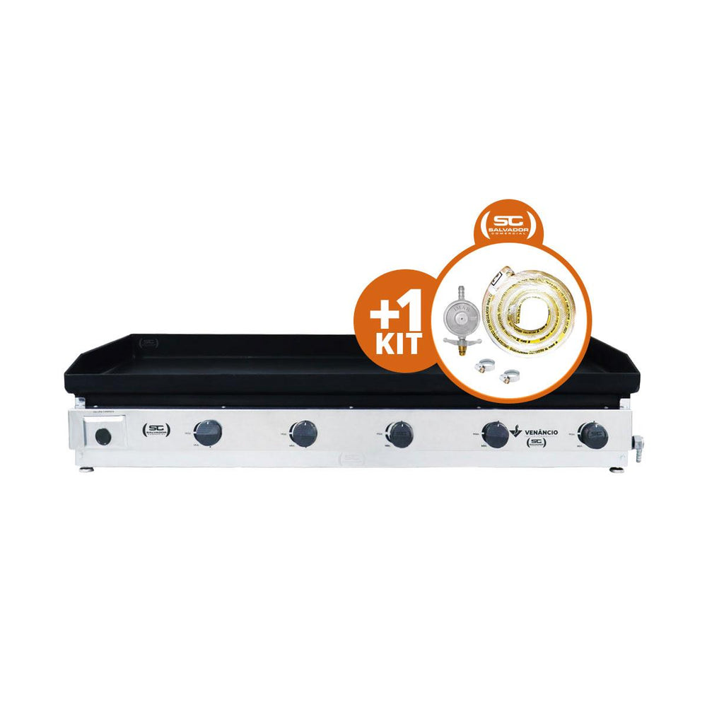 Kit - Chapa Bifeteira A Gás Lisa 120cm Comercial Aço Carbono C120 6,35mm + Kit Gás - Venâncio