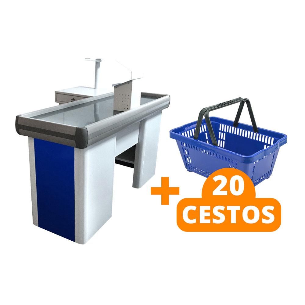 Kit Caixa De Supermercado Empacotador Check-Out 1,50m Recorte + 20 Cestos De Compras Azul