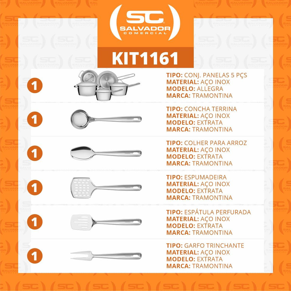 Kit Cozinha Allegra Aço Inox Fundo Triplo 10 Peças Com Utensílios - Tramontina