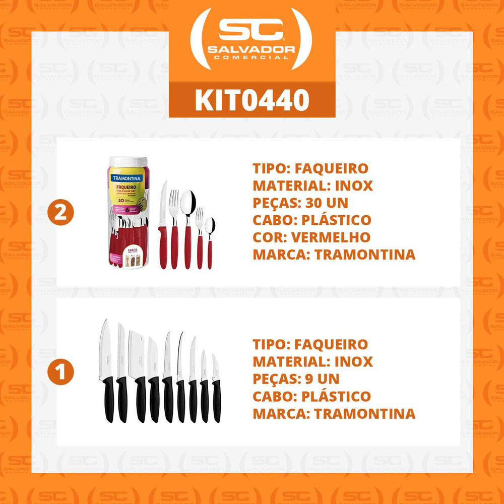 Kit 2 Faqueiros Inox 30 Peças Ipanema Vermelho + 1 Conjunto Facas 9pç - Tramontina