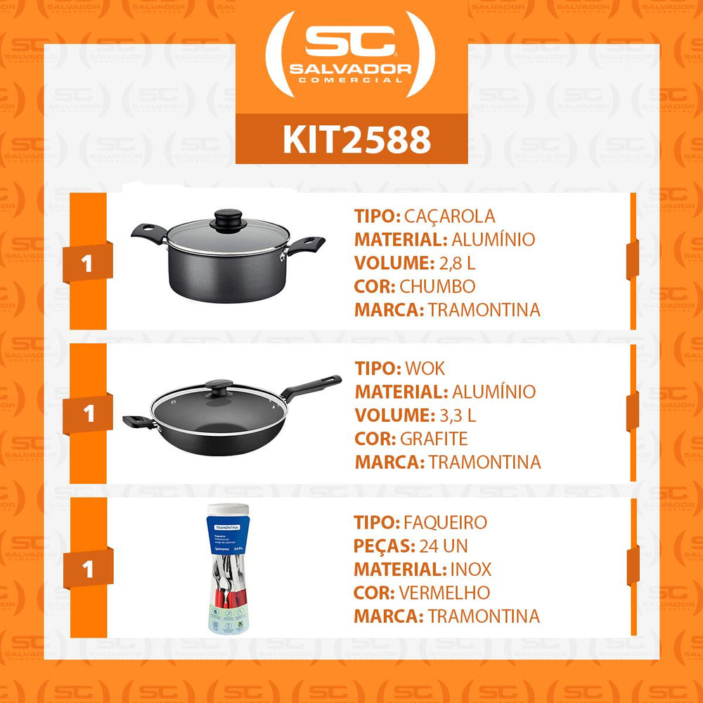 Caçarola Turim Alumínio Chumbo Antiaderente 2,8L + Faqueiro Ipanema Vermelho 24pc + Wok Loreto 3,3L