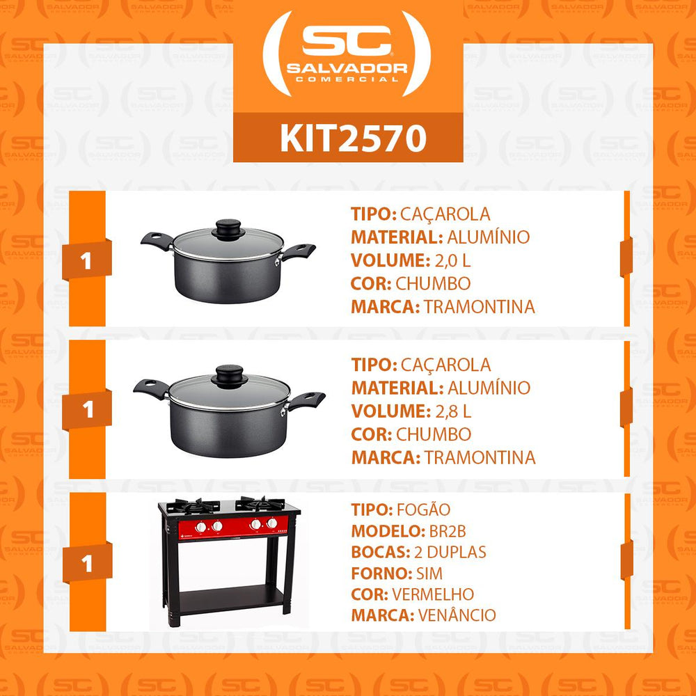 Kit Fogão Industrial 2 Bocas Bravo Vermelho Venâncio + 2 Caçarolas Tramontina Turim