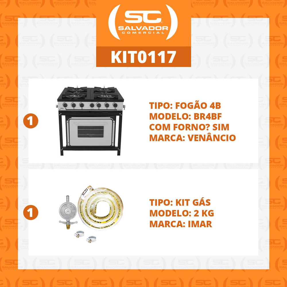 Kit Fogão Industrial 4 Bocas a Gás Baixa Pressão BR4BF Com Forno + Kit Gás 2kg - Venâncio