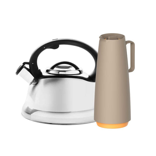 Chaleira Com Apito Roma em Aço Inoxidável 2,7l Brinox e Bule Garrafa Térmica 1l Bege Tramontina