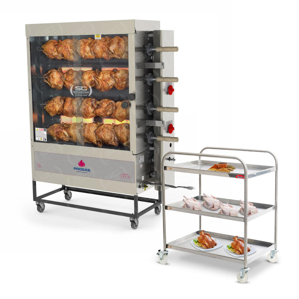Assador de Frango Rotativo Profissional a Gás 4 Espetos Infravermelho PR-621 Bivolt Progás + Carrinho Inox e Níveis Imeca