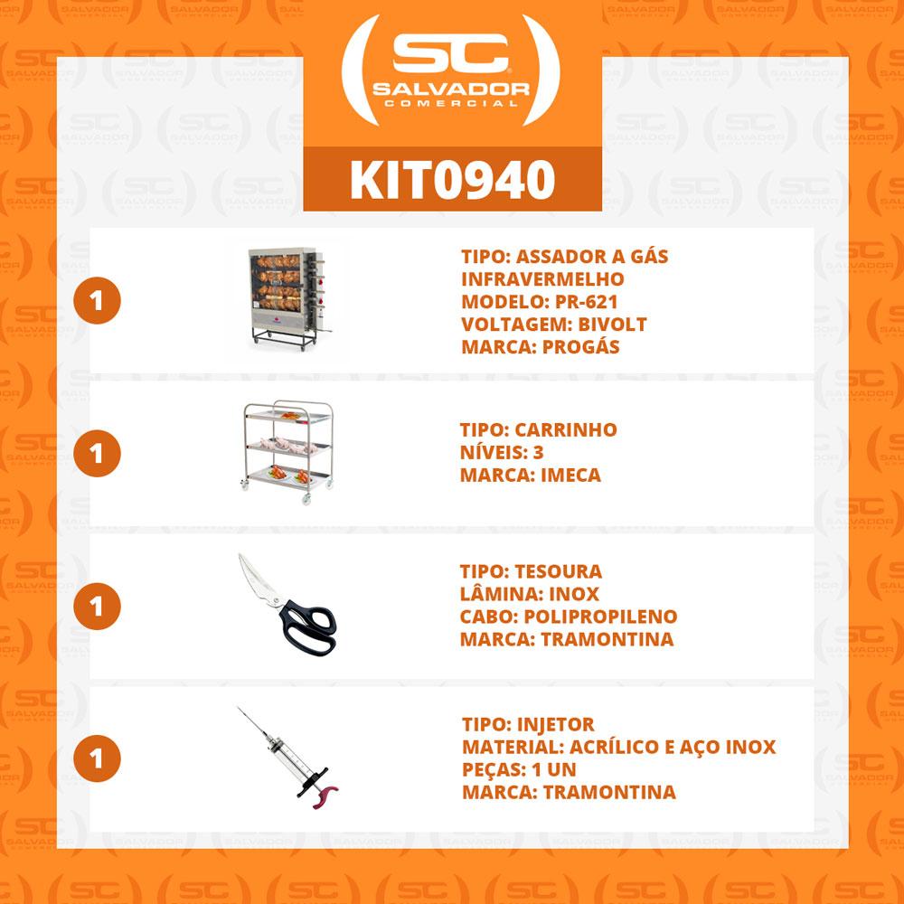 Assador de Frango Gás 4 Espetos Infra Pr-621 + Tesoura + Carrinho Inox + Injetor de Temperos