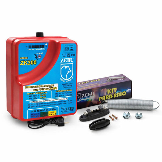 Eletrificador de Cercas Elétricas Para Grandes Propriedades ZK300 220V + Kit Para-raios - Zebu