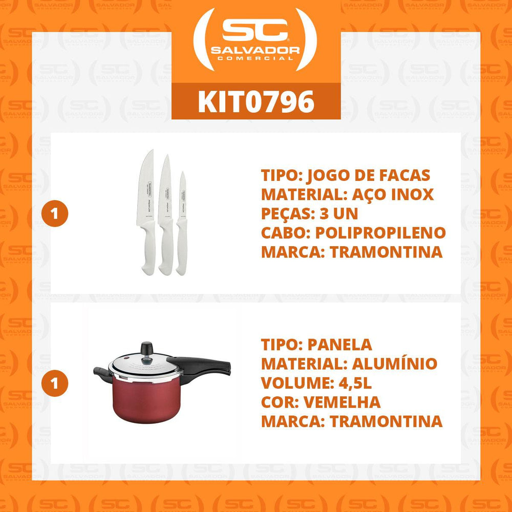 Kit - Faqueiro Premium 3 Peças + Panela de Pressão 4,5 Vancouver Vermelho - Tramontina