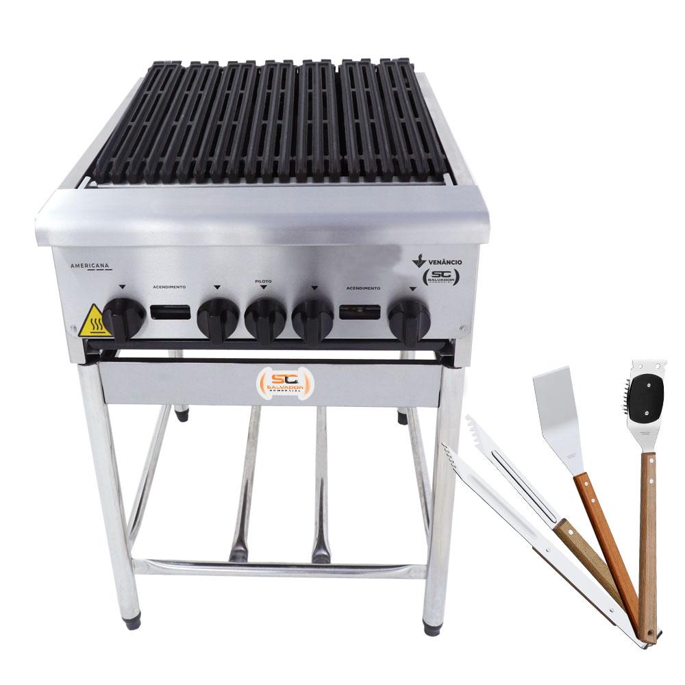 Chapa Char broiler Americana Profissional Grill 60cm Gás Inox Com Pé Cggp60 e Utensílios - Venâncio