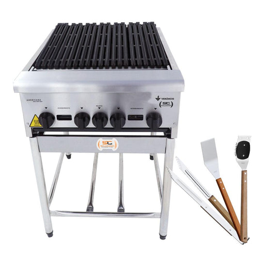 Chapa Char broiler Americana Profissional Grill 60cm Gás Inox Com Pé Cggp60 e Utensílios - Venâncio