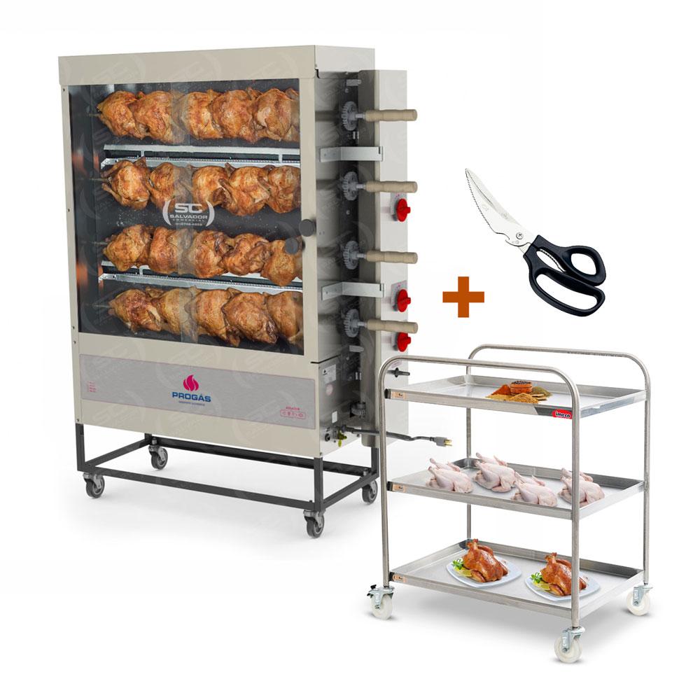 Assador de Frango Rotativo Profissional a Gás 4 Espetos Tubular Pr-623 Progás + Tesoura Tramontina + Carrinho Inox 3 Níveis Imeca