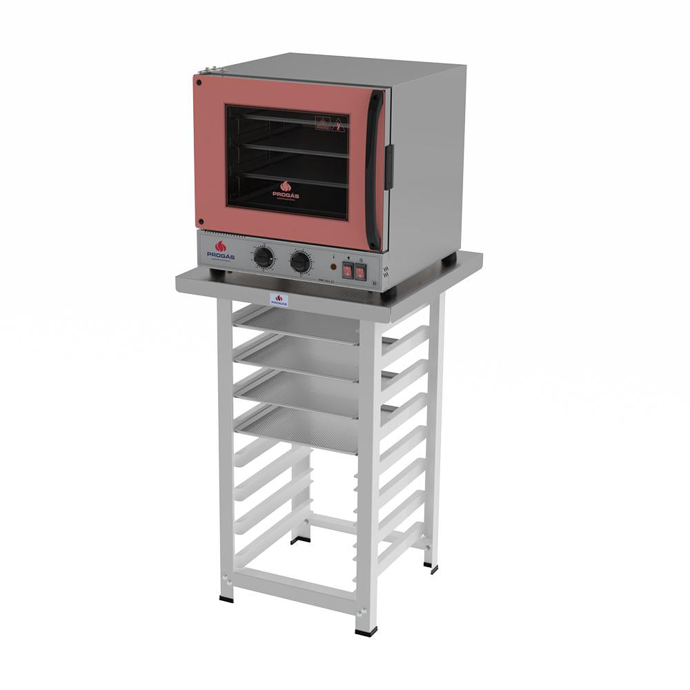 Kit Forno Turbo Elétrico PRP-004 G2 220V Rosa + Bancada MES-004 Progás + 4 Assadeiras Cimapi