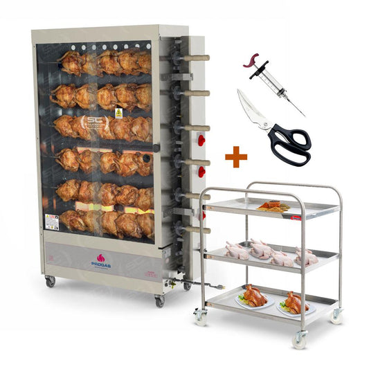 Assador de Frango Gás 6 Espetos Infra Pr-631 + Tesoura + Carrinho Inox + Injetor de Temperos