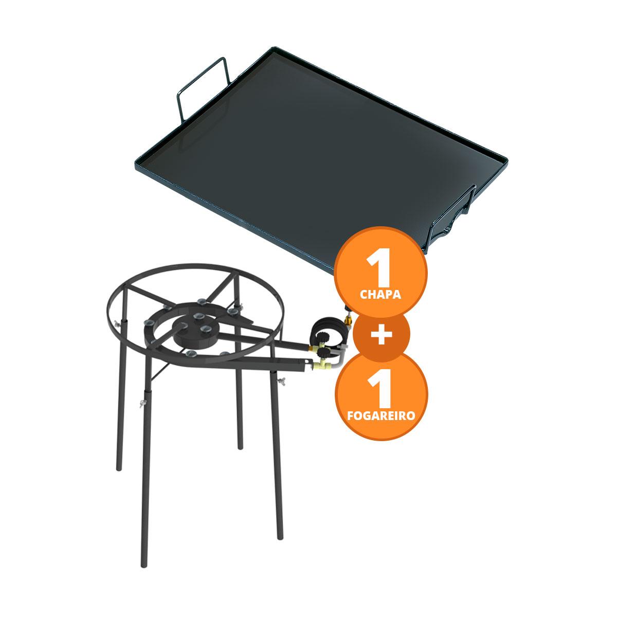KIT Camping 10 - Fogareiro Fogão F2B10P Redondo 40cm Duplo de Pé + Chapa Bifeteira 50cm - Progás