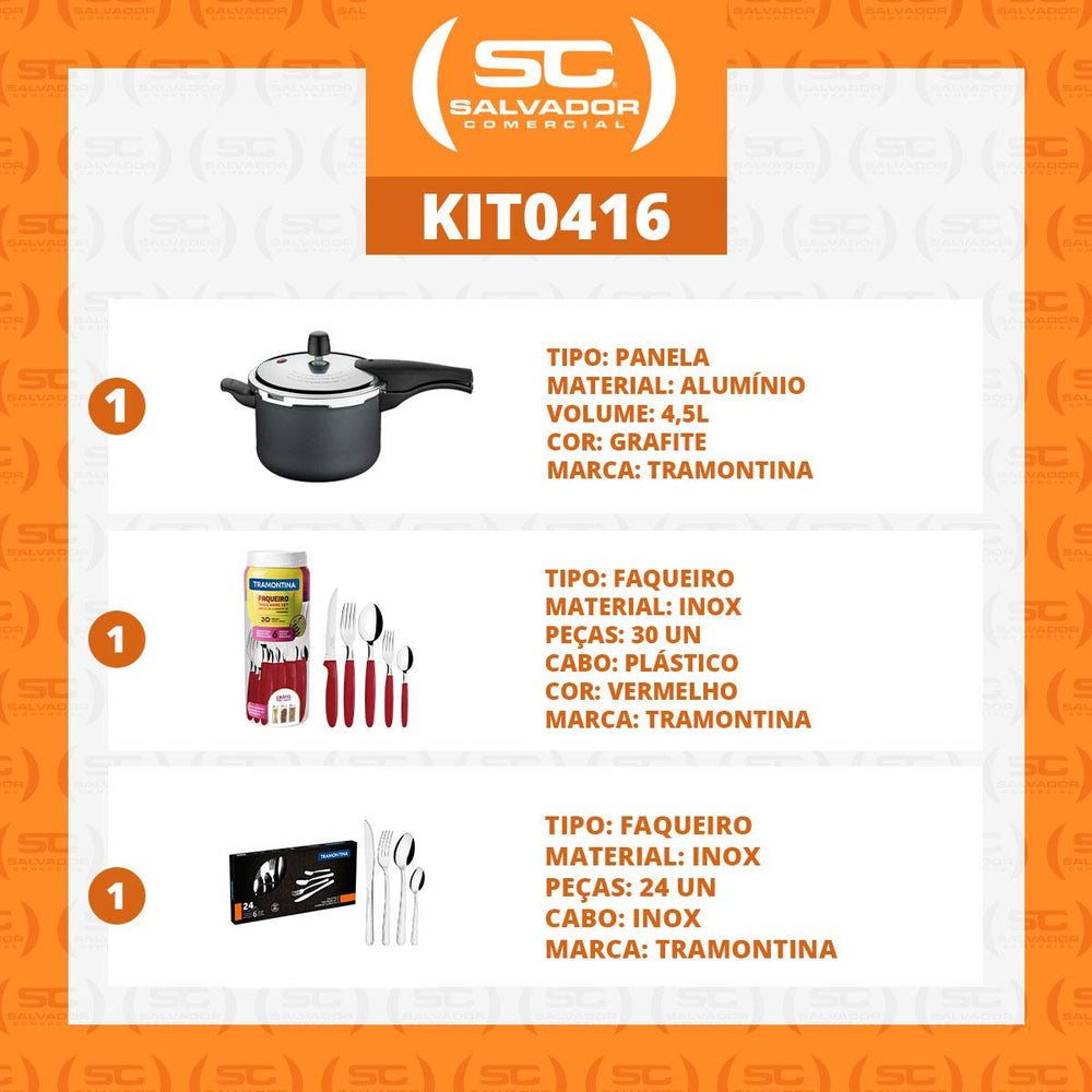 Kit - Panela de Pressão 4,5 Grafite + 1 Faqueiro Vermelho 30pç + 1 Faqueiro Inox 24pç - Tramontina