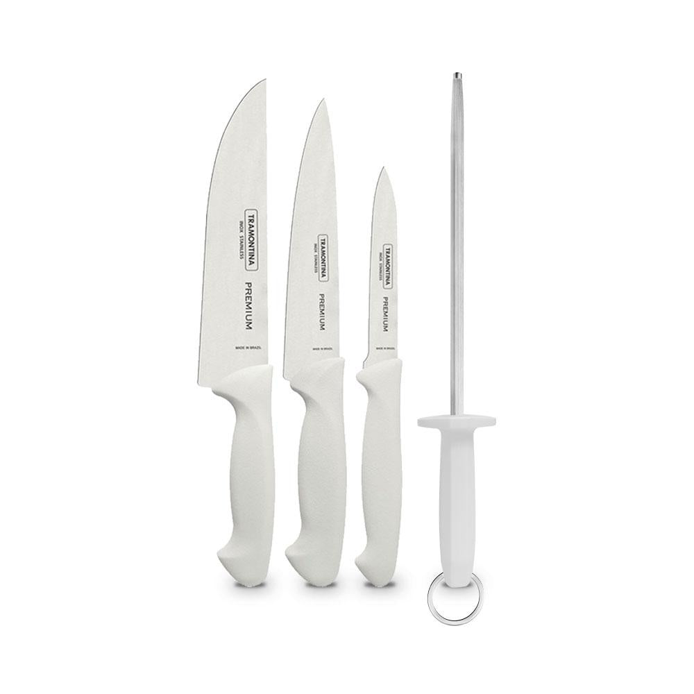 Kit Jogo de Facas Premium 3 Peças + 1 Chaira Estriada 10 Pol Profissional - Tramontina