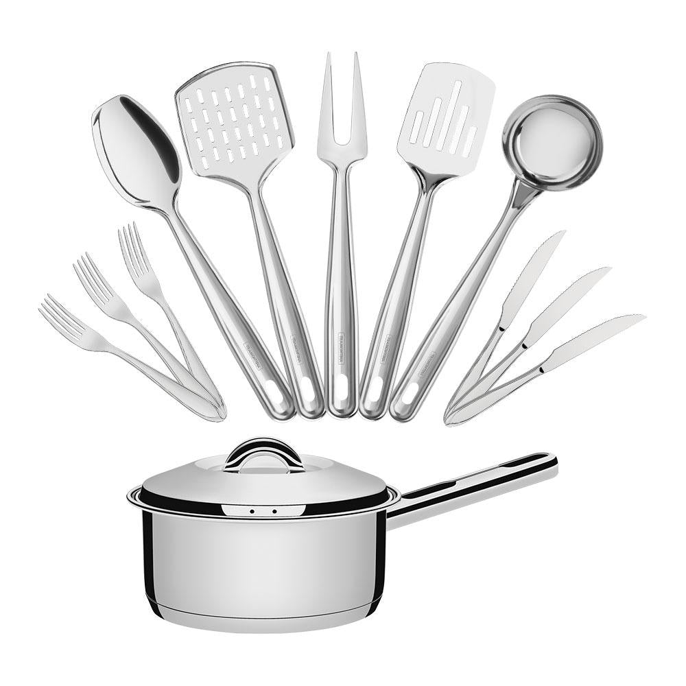 Conjunto de 1 Panela Solar 16cm 1,4l Com 24 Talheres Laguna e 5 Utensílios em Inox Extrata Tramontina