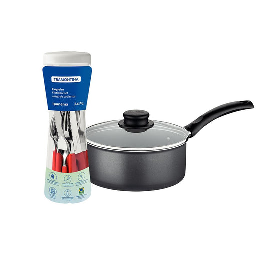 Panela Turim Alumínio Chumbo Antiaderente 1,4L PTC + Faqueiro Ipanema Vermelho 24pc - Tramontina