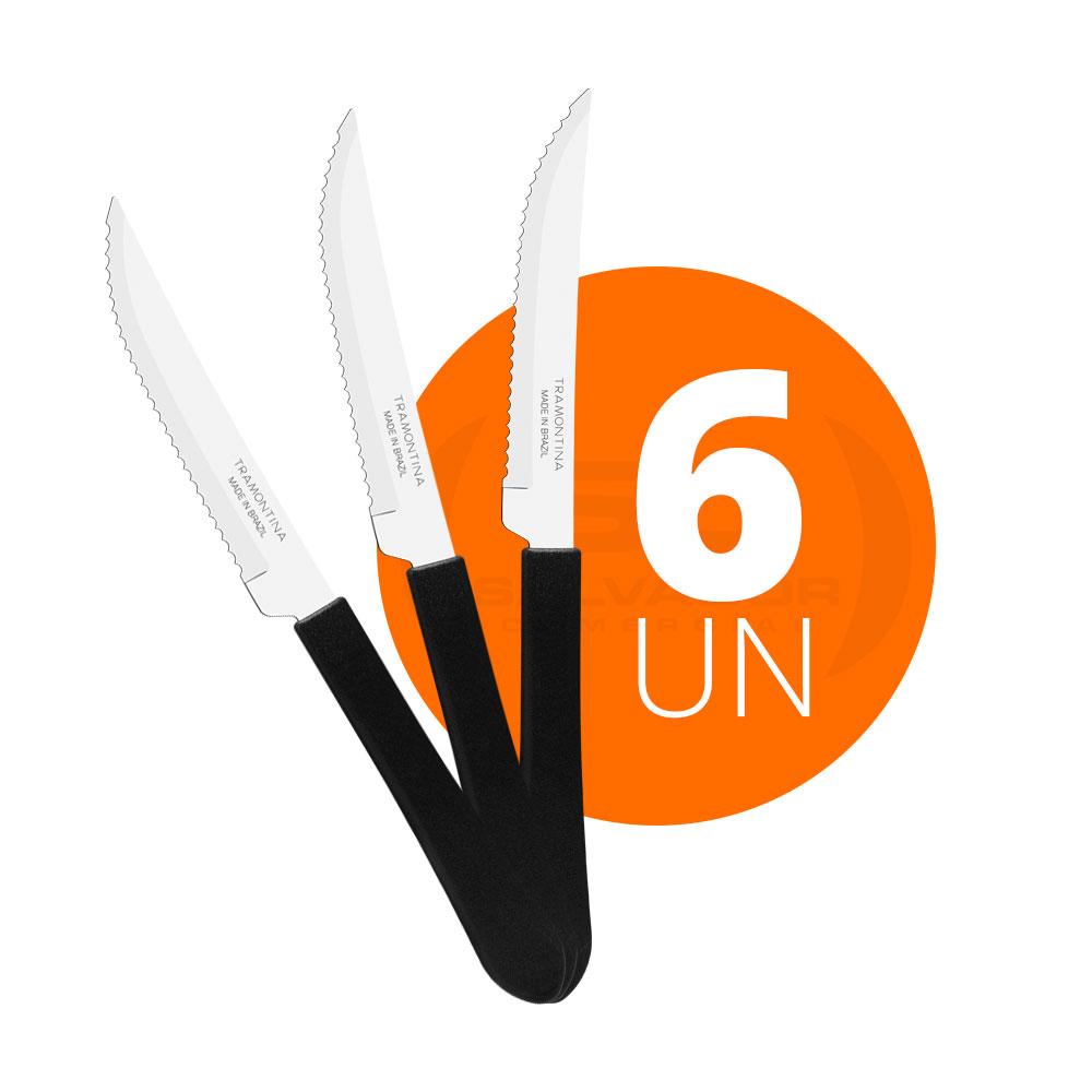 KIT - 6 Facas para Churrasco Leme Com Lâmina em Aço Inox 4 POL Cabo Preto FPBAG - Tramontina