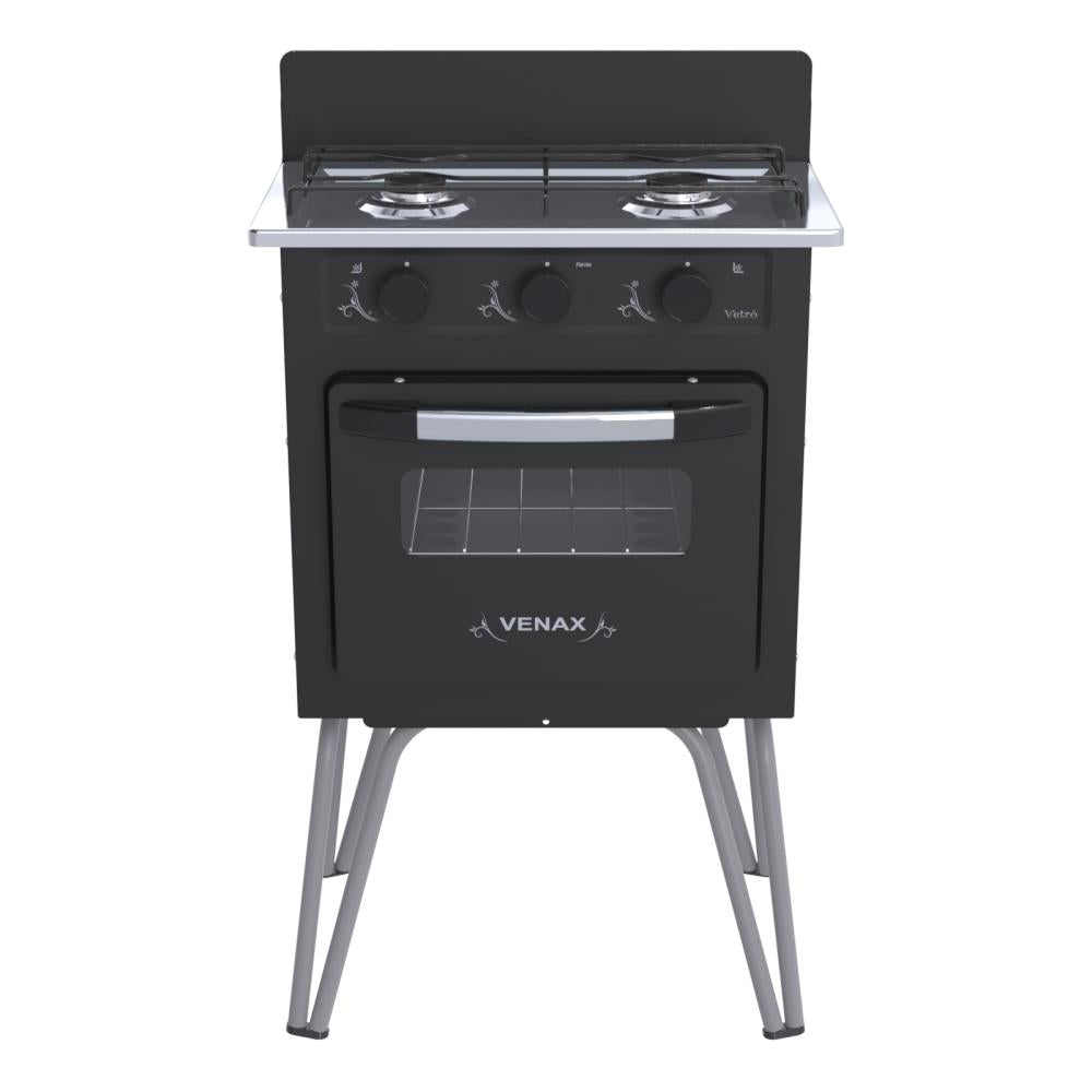 Fogão 2 Bocas Simples Gemini Vetro Preto Fosco Gás GLP Com Forno GMV200 - Venax 7509