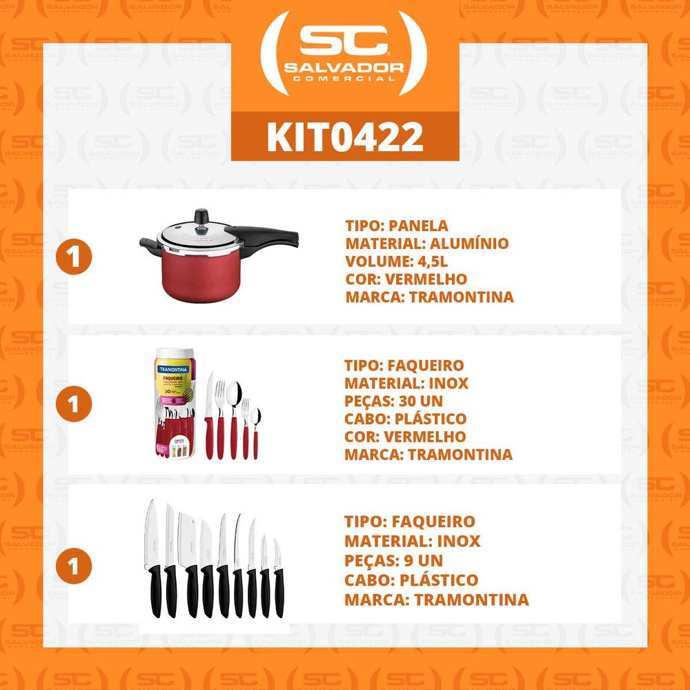 Kit Panela de Pressão 4,5 Vermelha + 1 Faqueiro Vermelho 30pç + 1 Conjunto Facas 9pç - Tramontina