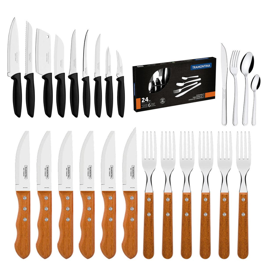 Kit Jogo de Churrasco Inox 12 Peças + 1 Conjunto Facas 9pç + 1 Faqueiro Inox 24pç - Tramontina