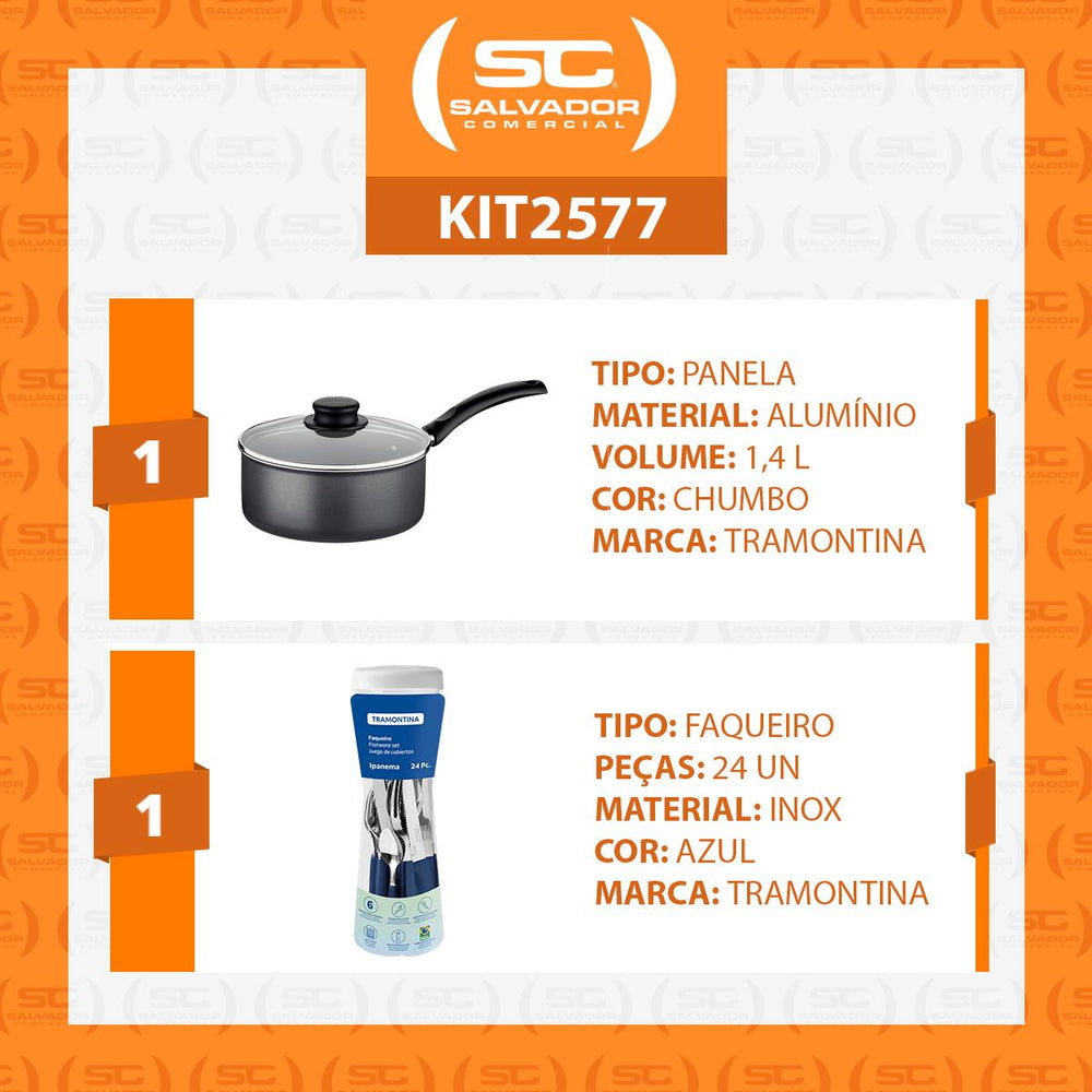 Panela Turim Alumínio Chumbo Antiaderente 1,4L PTC + Faqueiro Ipanema Azul 24pc - Tramontina