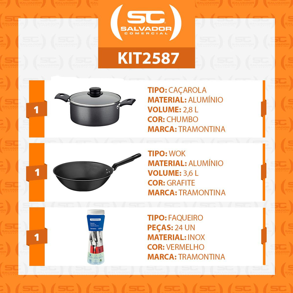 Caçarola Turim Alumínio Chumbo Antiaderente 2,8L + Faqueiro Ipanema Vermelho 24pc + Wok Loreto 3,6L