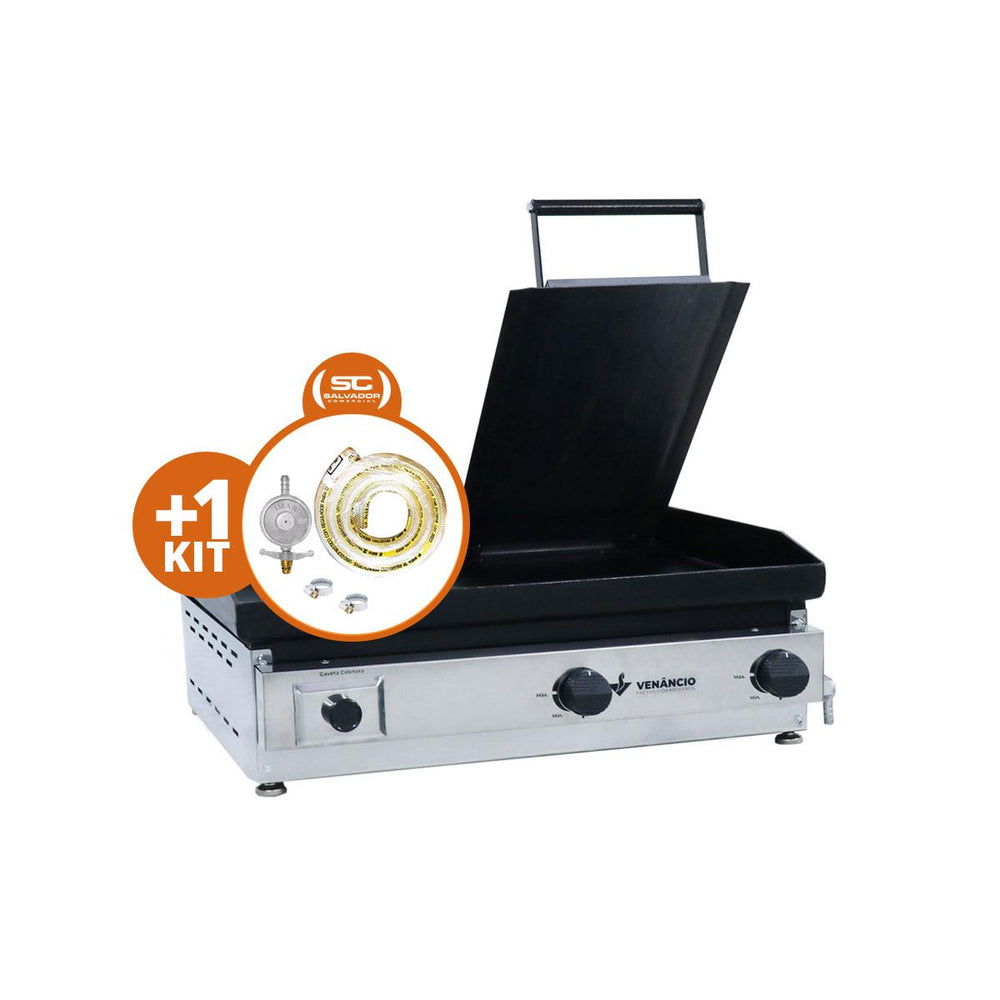 Kit - Chapa Bifeteira A Gás Lisa 65cm Comercial Aço Carbono C65P 6,35mm C/Prensa + Kit Gás - Venâncio