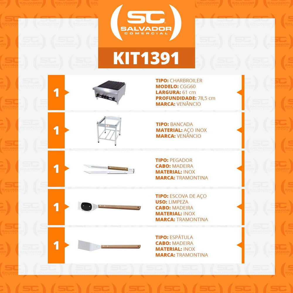 Chapa Char broiler Americana Profissional Grill 60cm Gás Inox Com Pé Cggp60 e Utensílios - Venâncio
