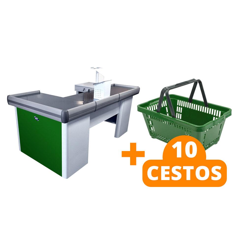 Kit Caixa De Supermercado Empacotador Check-Out 2,00m Recorte + 10 Cestos De Compras Verde