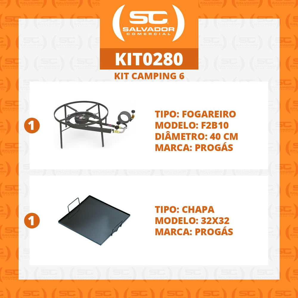 Kit Camping 6 - Fogareiro Fogão F2B10 Redondo 40cm Duplo de Mesa + Chapa Bifeteira 32cm – Progás