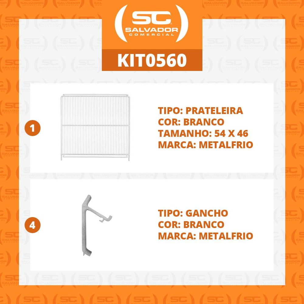 Kit Prateleira Branca Visa VN44 VB40 + 4 Ganchos Suporte - Metalfrio