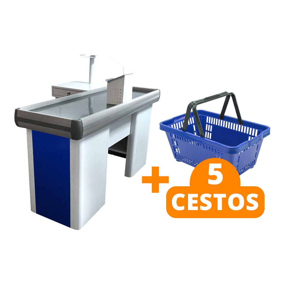 Kit - Caixa Supermercado Empacotador Check-out 1,5m Recorte + 5 Cestos de Compras Azul
