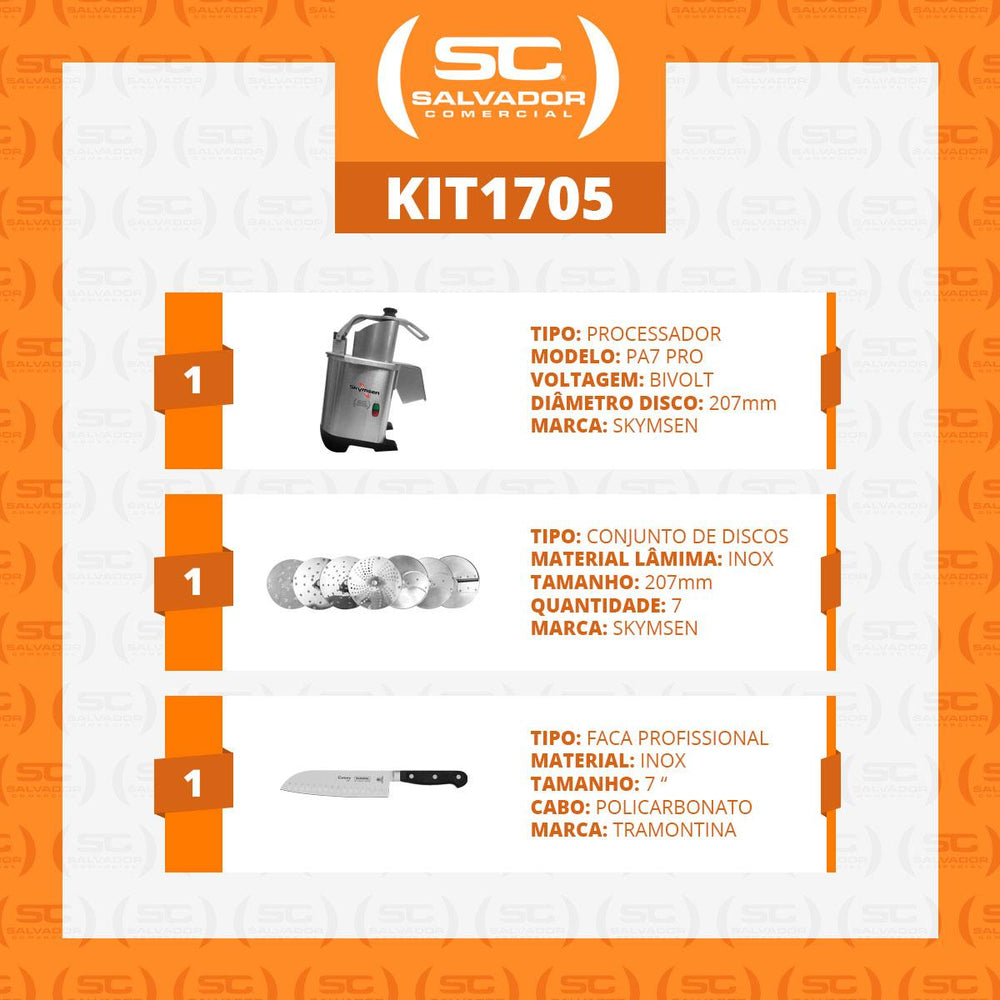 Processador de Alimentos Com 7 Discos 203mm 250 Kg/h PA7 PRO Bivolt Skymsen e Faca Santoku Profissional