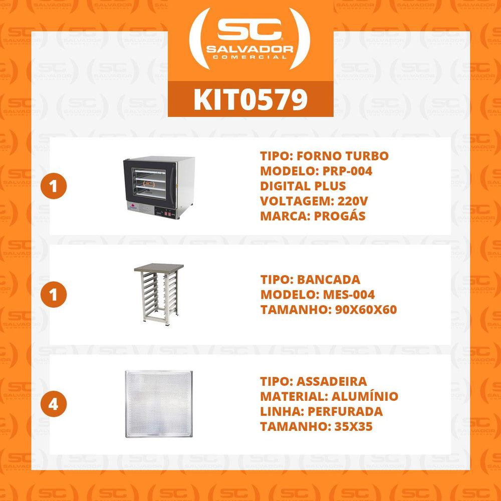 Kit Forno Turbo Elétrico PRP-004 Plus 220V Preto + Bancada MES-004 + 4 Assadeiras - Progás