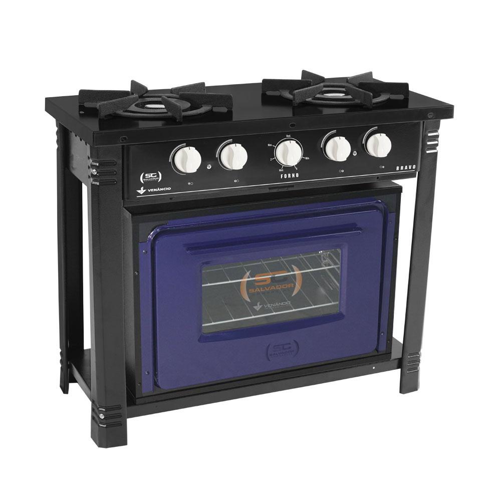 Fogão Industrial 2 Bocas Duplas a Gás Preto com Forno Azul Bravo BR2BF – Venâncio