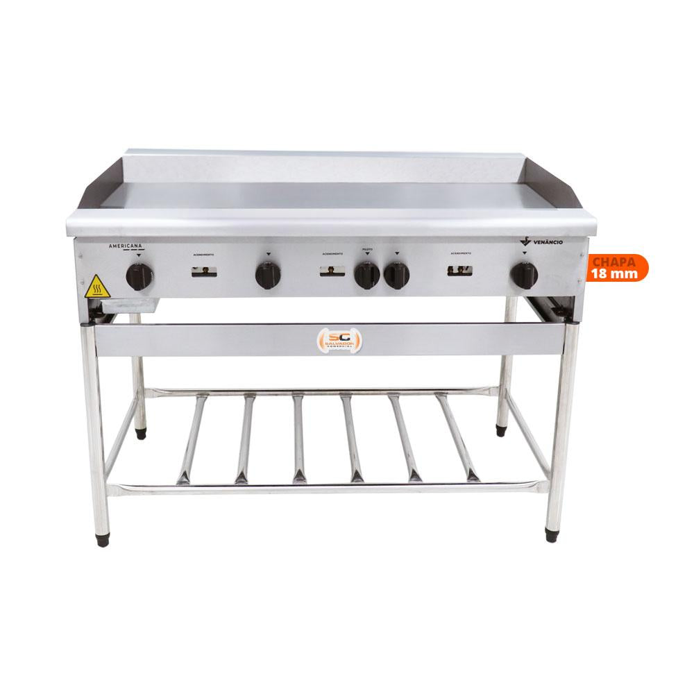 Chapa Americana Profissional 120cm a Gás 18mm Lisa Inox Com Pé CGP120 - Venâncio