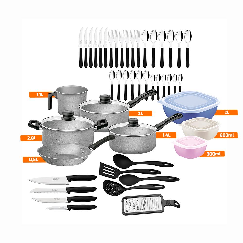 Kit Cozinha 47 Peças Panelas Antiaderentes, Talheres, Facas, Potes e Utensílios Tramontina 20297612