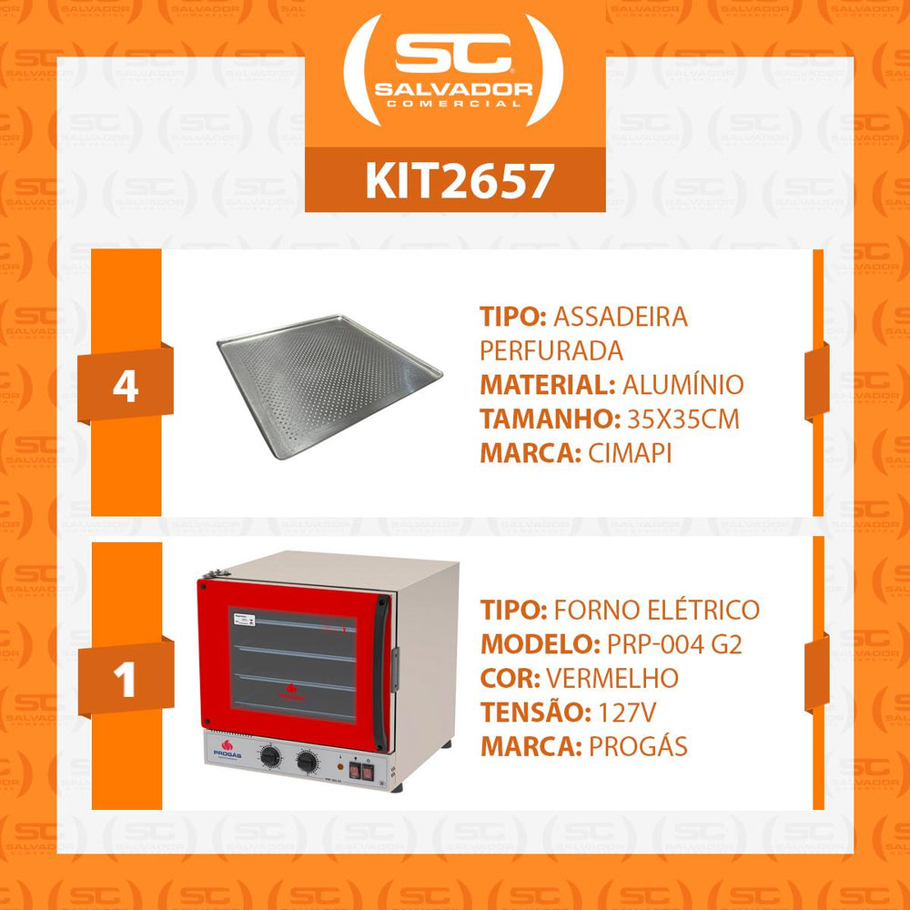 Kit Forno Turbo Elétrico PRP-004 G2 127V Vermelho Progás + 4 Assadeiras Cimapi