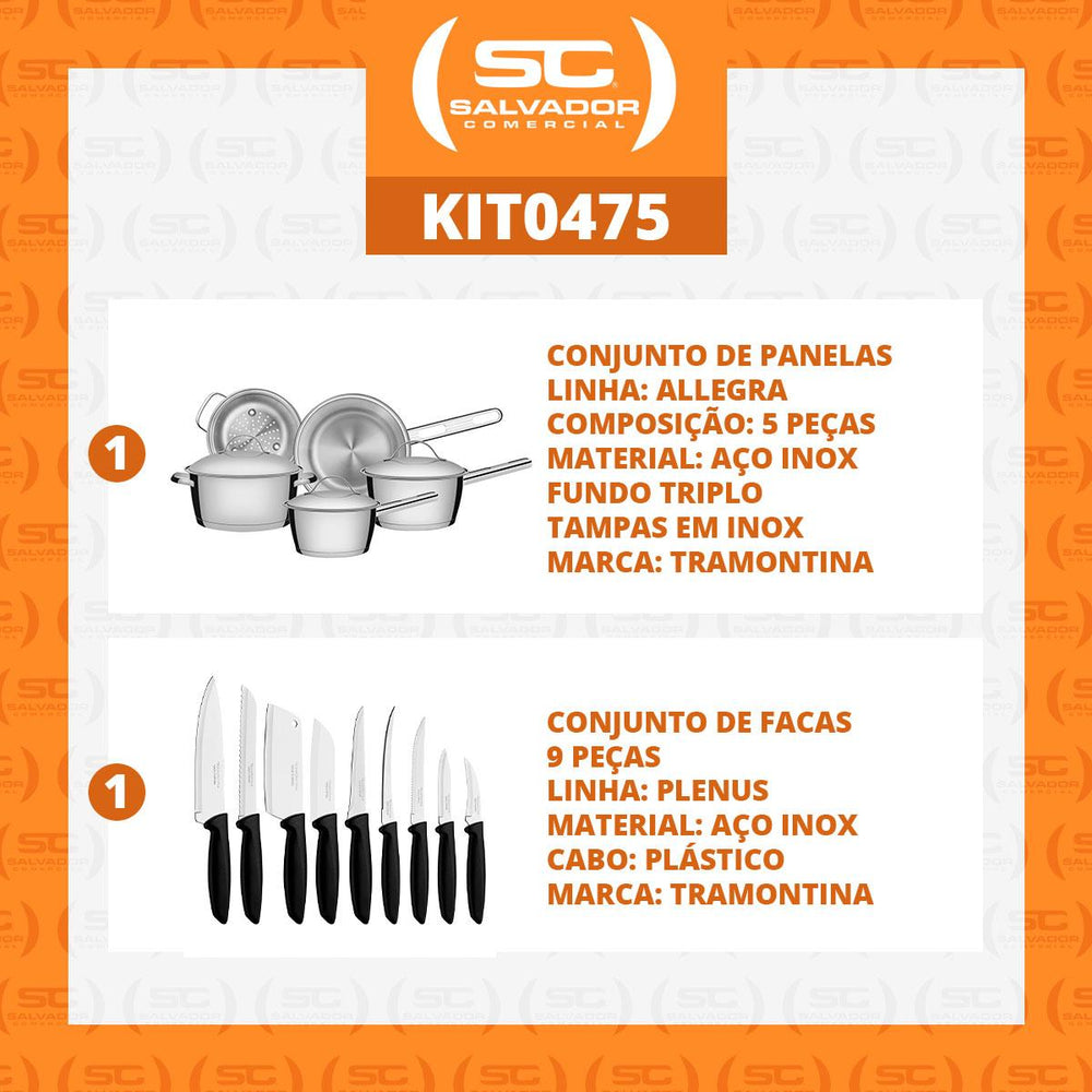 Kit - Jogo de Panelas Allegra 5 Pçs Inox + Jogo de Facas Plenus 9pçs - Tramontina