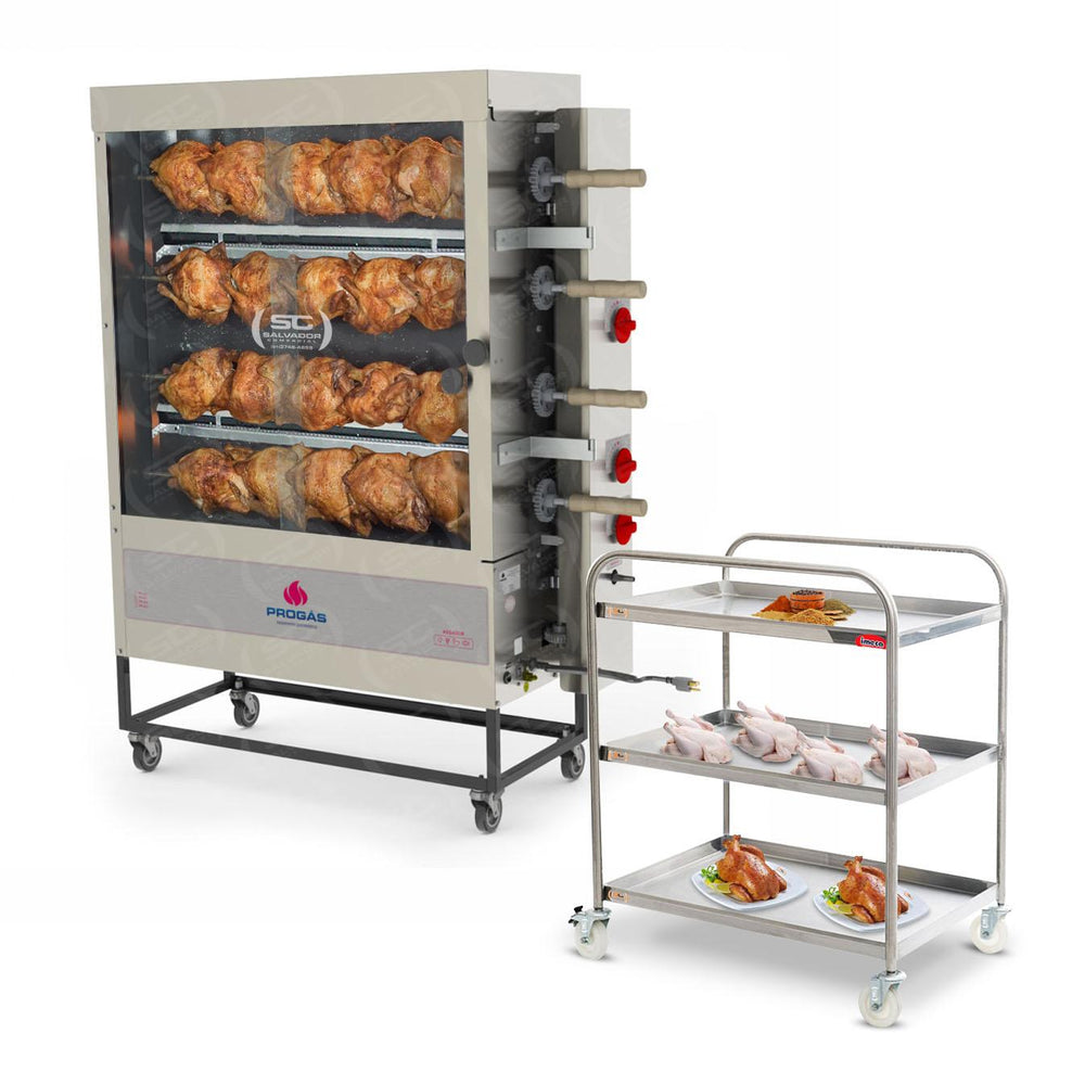 Assador de Frango Rotativo Profissional a Gás 4 Espetos Tubular PR-623 Bivolt Progás + Carrinho Inox Imeca