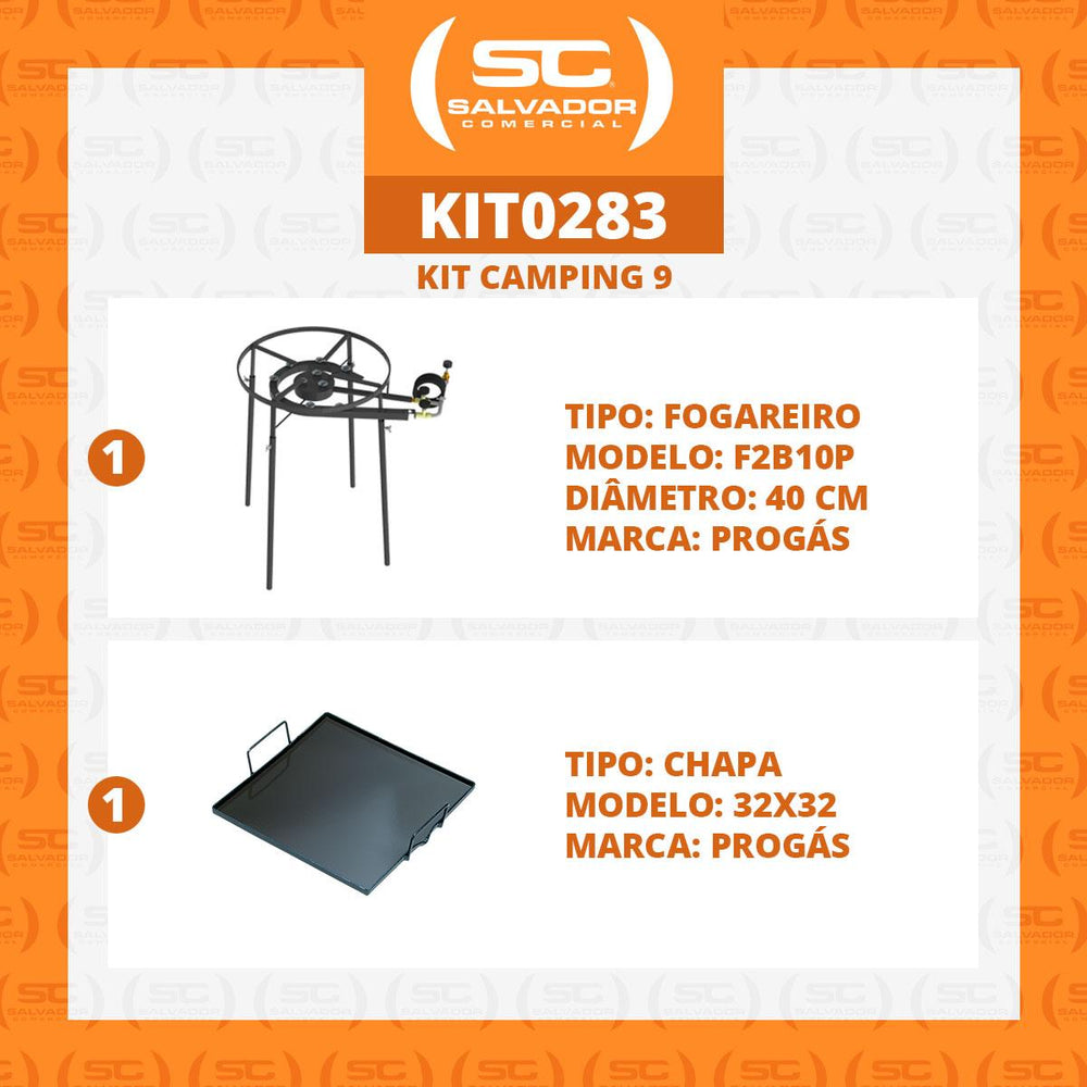 KIT Camping 9 - Fogareiro Fogão F2B10P Redondo 40cm Duplo de Pé + Chapa Bifeteira 32cm - Progás