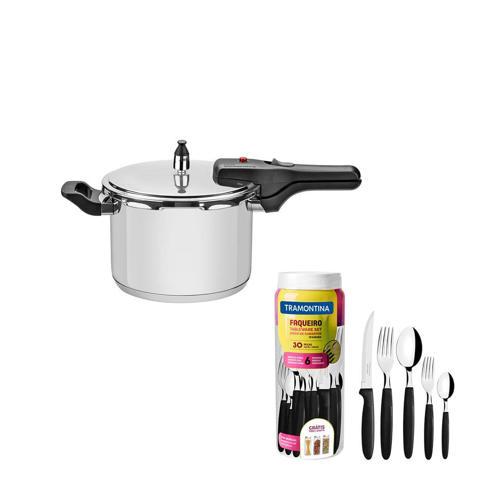 Kit Panela de Pressão Inox 4,5l Brava + Faqueiro 30pçs Preto - Tramontina