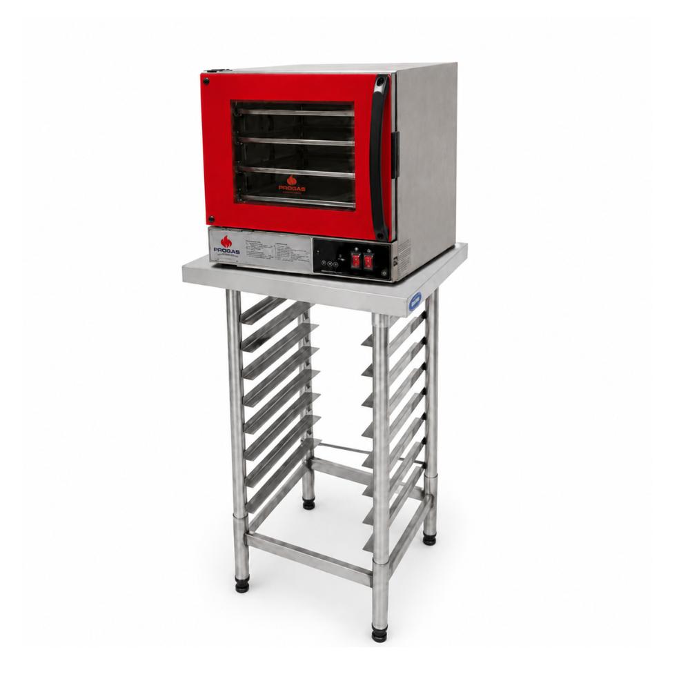 Forno Turbo Elétrico Prp-004 Digital Vermelho 127v Progás + Mesa Bancada Inox 430 8 Níveis Imeca